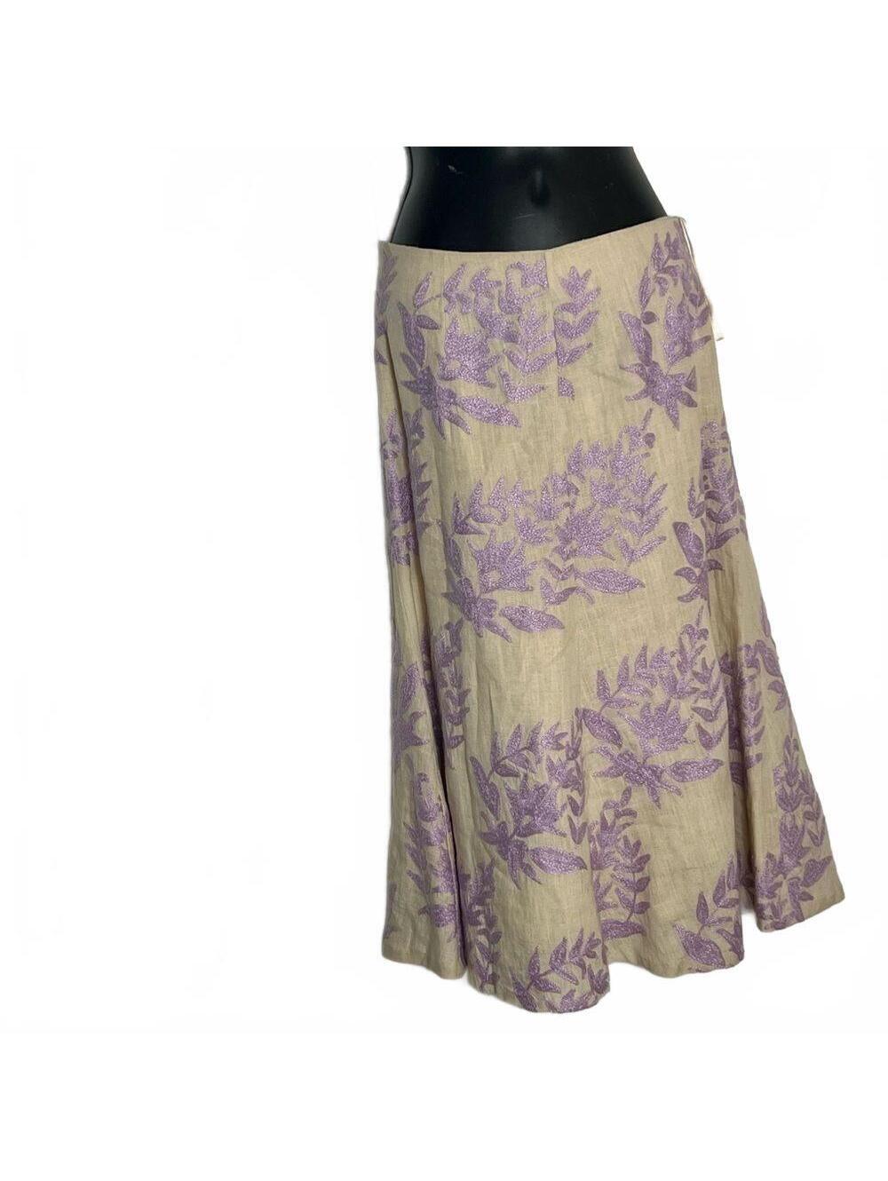 Tracy Reese Ivory Linen Purple Embroidered Floral Fit and Flare Midi Skirt 6